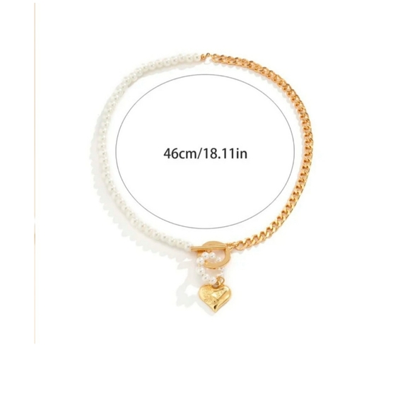 Gold Tone Faux Pearl Beaded & Heart Charm Necklace - Picture 4 of 4